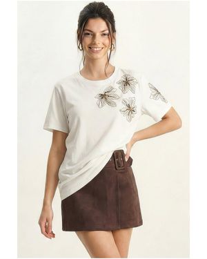 Bianco Lucci Floral Embroidered Crew Neck T-Shirt - Natural