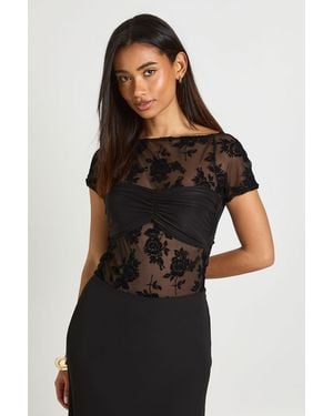 Boohoo Floral Flocked Mesh Twist Front Short Sleeve Bodysuit - Black