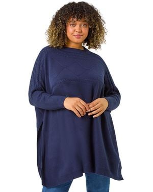 Roman Curve High Neck Cable Knit Poncho - Blue