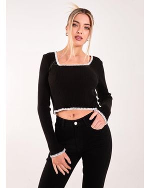 Pink Vanilla Contrast Stitch Long Sleeve Knit Top - Black