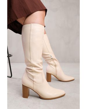 Where's That From Wheres 'Alpha' Stretch Wide Calf Block Heel Knee High Boots With Stitch Detail - Natural