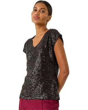Roman Sequin V-Neck Stretch Top - Black