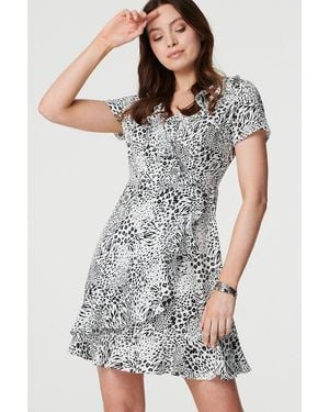 Izabel London Animal Print Frilled Short Dress - Grey