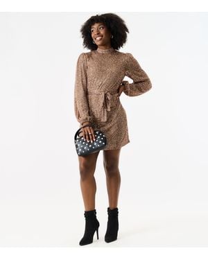 Gini London High Neck Long Sleeves Belted Sequin Dress - Natural