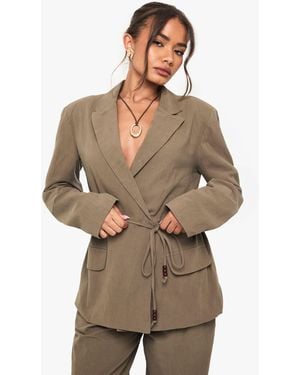 Boohoo Linen Wrap Over Beaded Tie Detail Blazer - Brown