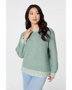 Izabel London Sage Contrast Trim Balloon Sleeve Jumper - Green