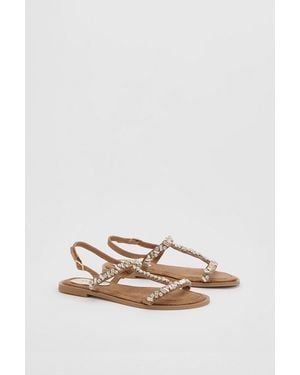 Oasis Mayla Faux Suede Embellished T Bar Flat Sandals - Brown