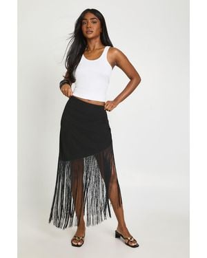 Boohoo Linen Tassle Trim Asymmetric Skirt - White