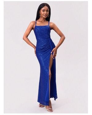 Everyday the Label Split Pailletten Vierkante Hals Spaghetti Bandjes Jurk - Blauw