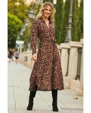 Sosandar Leopard Print Midi Shirt Dress With Belt - Green