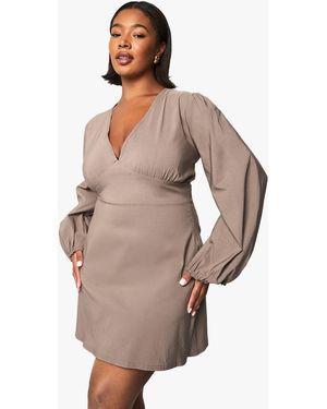 Boohoo Plus Ruched Blouson Sleeve Shift Dress - Natural