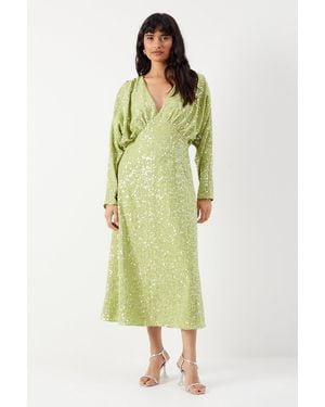 Warehouse Sequin Crinkle Batwing Plunge Neck Midi Dress - Green