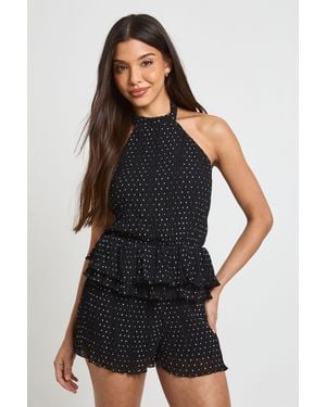 Boohoo Polka Dot Plisse Halterneck Playsuit - Black