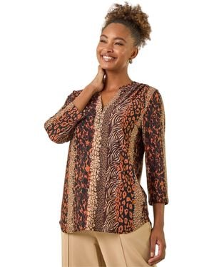 Roman Abstract Print V-Neck Stretch Top - Brown