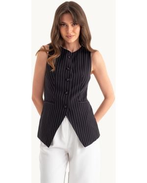 Hiccup Striped Round Neck Buttoned Waistcoat - Blue