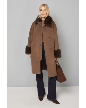 Wallis Petite Toggle Detail Faux Fur Collar Coat - Brown