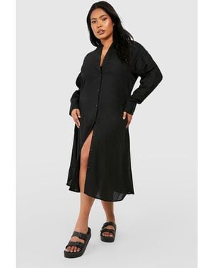 Boohoo Plus Linen Look Midi Shirt Dress - Black