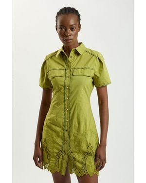 Karen Millen Cotton Cutwork Collared Woven Mini Dress - Green