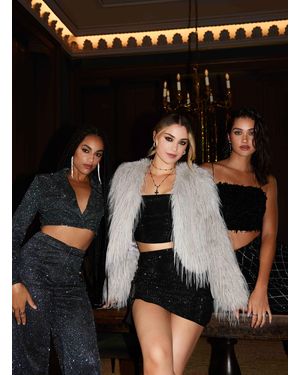 Pink Vanilla Shaggy Tinsel Faux Fur Cropped Jacket - Black