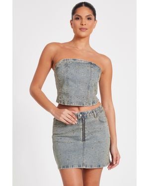 Quiz Denim Embellished Bandeau Top - Grey