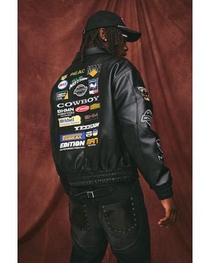 BoohooMAN Boxy Fit Pu Rodeo Applique Badge Varsity Bomber Jacket - Black