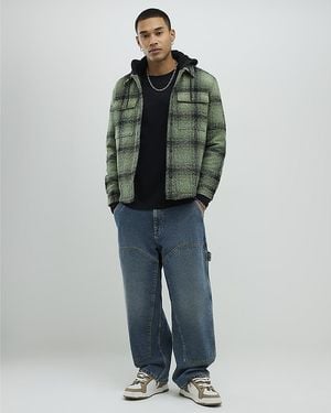 River Island Overshirt Regular Fit Borg Check Hooded Cotton - Green