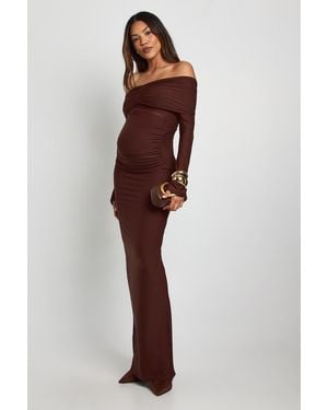 Boohoo Maternity Bardot Ruched Flare Sleeve Maxi Dress - Purple