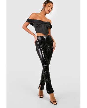 Boohoo Sequin Mid Rise Split Hem Trousers - Black