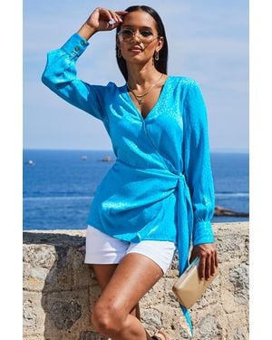 Sosandar Aqua Satin Jacquard Longline Wrap Top - Blue