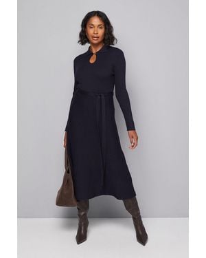 Wallis Keyhole Collared Belted Knitted Midi Dress - Blue