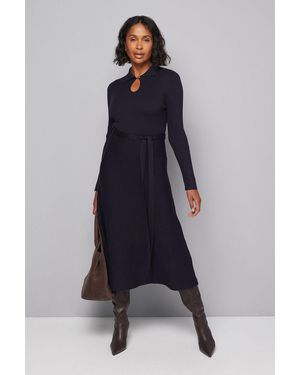 Wallis Keyhole Collared Belted Knitted Midi Dress - Blue