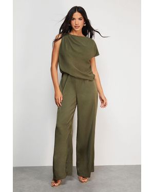 Warehouse Satin Chiffon Mix One Shoulder Drape Jumpsuit - Green