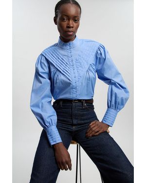 Karen Millen Cotton Pleated High Neck Balloon Sleeve Woven Blouse - Blue