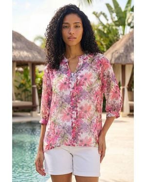 Roman Floral Print V-Neck Blouse - Blue