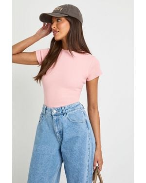 Boohoo Basic Rib Short Sleeve Fitted Top - Blue