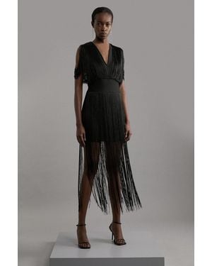 Karen Millen Figure Form Bandage Knit Fringe Detail Dress - Grey