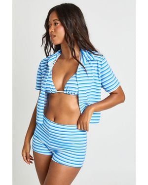 Boohoo Stripe Towelling Crop Beach Shirt - Blue