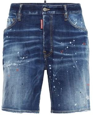 DSquared² Marineblauwe Denim Shorts Met Verfspatdesign
