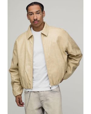BoohooMAN Boxy Fit Croc Pu Elasticated Hem Harrington Jacket - Natural