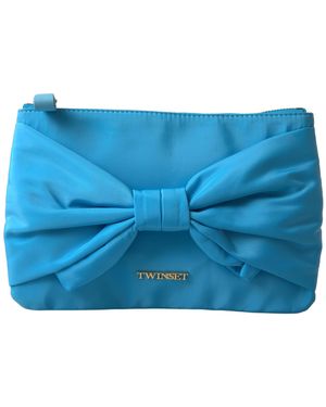 Twin Set Tafta Silk Large Bow Zipper Clutch Borse Logo Bag - Blue