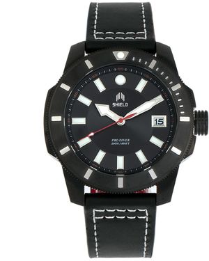 Shield Shaw Leather-Band Diver Watch W/Date - Black