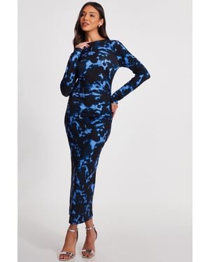 Quiz Marble Ruched Midi Dress - Blue