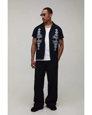 BoohooMAN Textured Embroidered Regular Shirt & Wide Leg Trouser Set - Blue