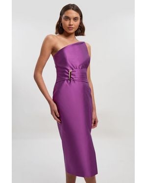 Karen Millen Satin Twill Trim Detail Structured Asymmetric Neck Tailored Midi Dress - Purple