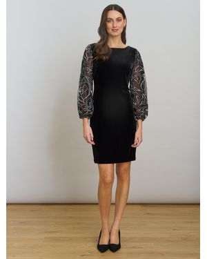 Gina Bacconi Sky Velvet Dress With Sheer Embroidered Sleeves - Black