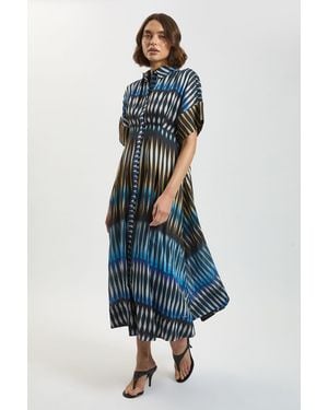 Karen Millen Stripe Collared Woven Midi Dress - Blue