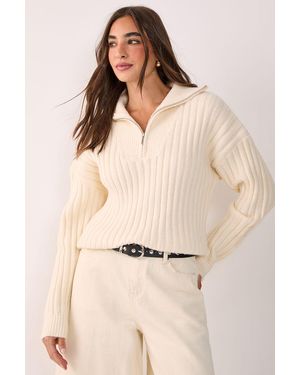 Nasty Gal Ribbed Knitted Quarter Zip Jumper - Natural