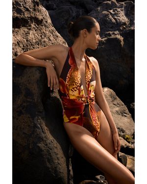 Karen Millen Orchid Print Plunge Swimsuit - Black