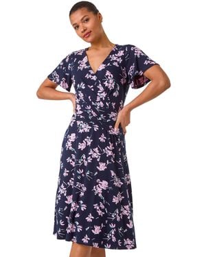 Roman Floral Print Wrap Over Midi Dress - Blue