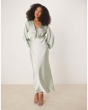 Gina Tricot Satin Long Sleeve Midi V Neck Tie Front Ruched Detail - Natural